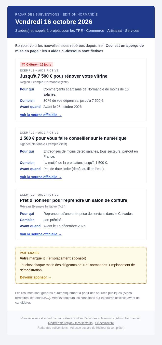Capture d'un digest d'exemple, édition Normandie, avec trois aides fictives : rénovation de vitrine, conseil numérique et prêt d'honneur.